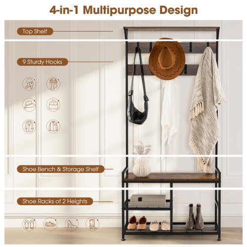 Gymax 72'' Freestanding Hall Tree 4-in-1 Coat Rack Shoe Bench w/ Top Shelf & 9 Removable Hooks