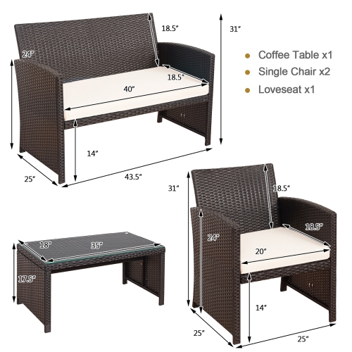 Costway 4PCS Patio Rattan Furniture Set Cushioned Chair Sofa Coffee Table