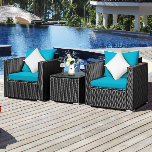 COSTWAY  3PCs Patio Rattan Wicker Furniture Set Sofa Table W/cushion Yard