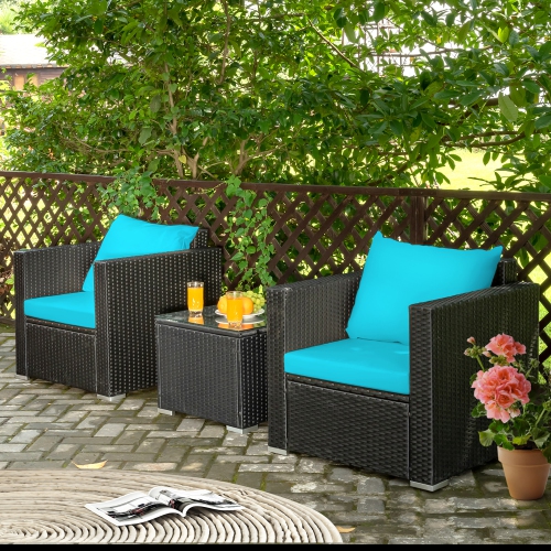 Costway 3PCS Patio Rattan Wicker Furniture Set Sofa Table W/Cushion Yard