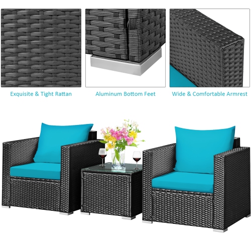 Costway 3PCS Patio Rattan Wicker Furniture Set Sofa Table W/Cushion Yard