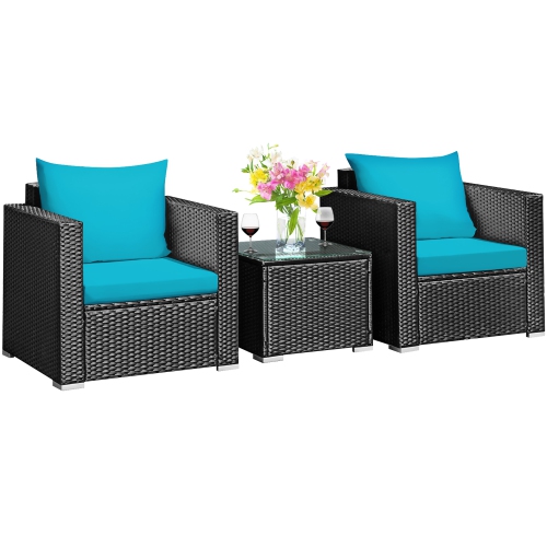 Costway 3PCS Patio Rattan Wicker Furniture Set Sofa Table W/Cushion Yard