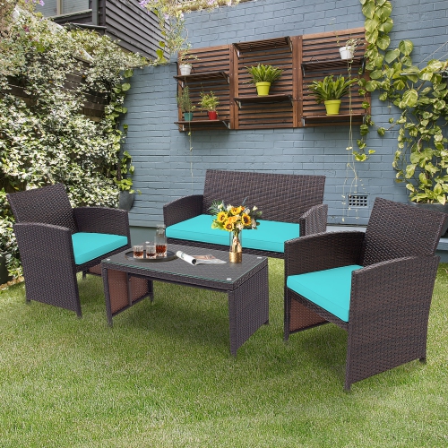 Costway 4PCS Patio Rattan Furniture Set Cushioned Chair Sofa Coffee Table