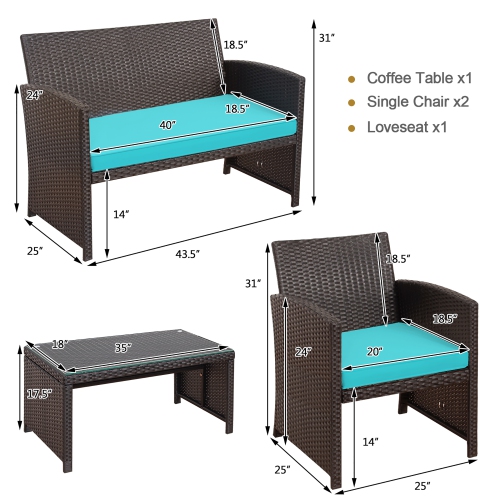 Costway 4PCS Patio Rattan Furniture Set Cushioned Chair Sofa Coffee Table
