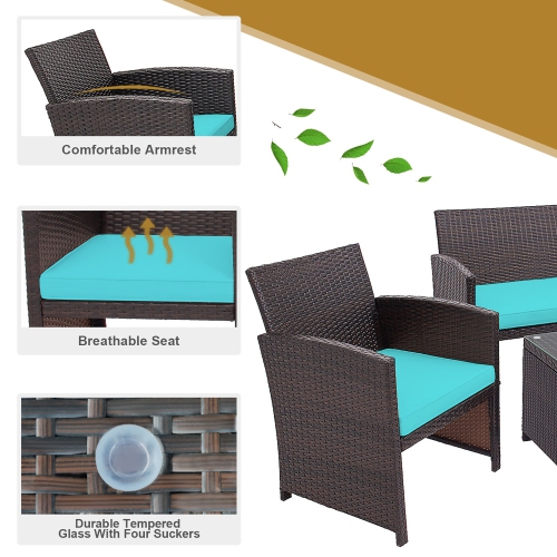 Costway 4PCS Patio Rattan Furniture Set Cushioned Chair Sofa Coffee Table