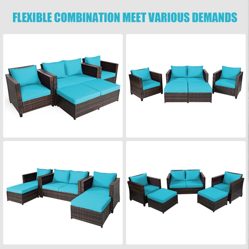 Costway 5PCS Patio Rattan Furniture Set Loveseat Sofa Ottoman Cushioned