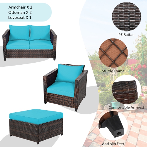 Costway 5PCS Patio Rattan Furniture Set Loveseat Sofa Ottoman Cushioned