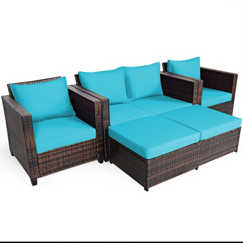 Costway 5PCS Patio Rattan Furniture Set Loveseat Sofa Ottoman Cushioned