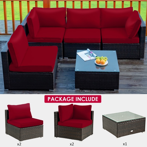 Costway Ensemble de 5 Pièces de Mobilier de Terrasse en Rotin comprenant Fauteuils à Coussins & Table Basse
