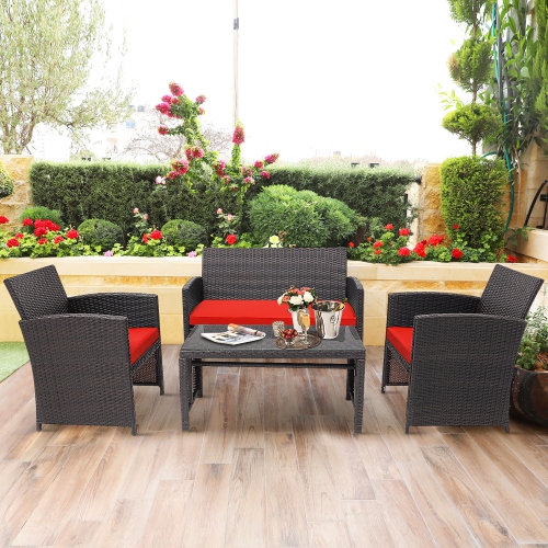 Costway 4PCS Patio Rattan Furniture Set Cushioned Chair Sofa Coffee Table