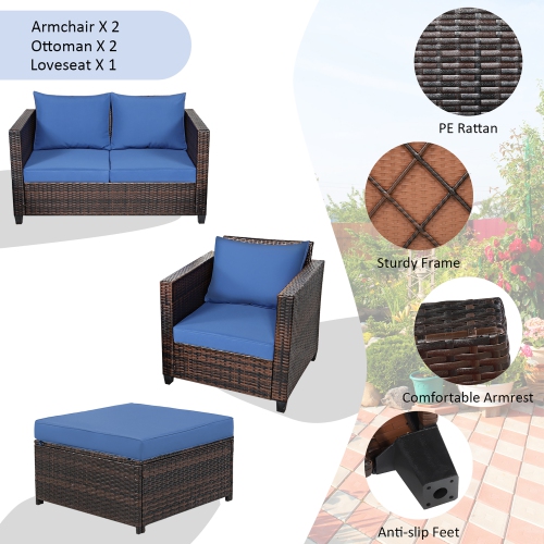 Costway 5PCS Patio Rattan Furniture Set Loveseat Sofa Ottoman Cushioned
