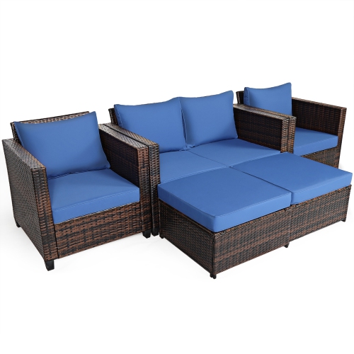 Costway 5PCS Patio Rattan Furniture Set Loveseat Sofa Ottoman Cushioned