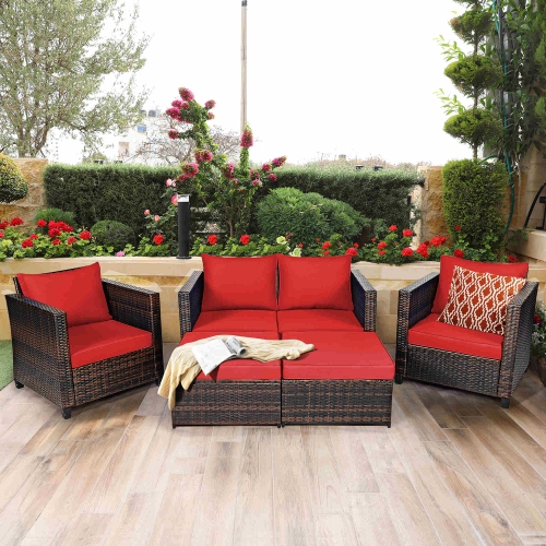 Costway 5PCS Patio Rattan Furniture Set Loveseat Sofa Ottoman Cushioned