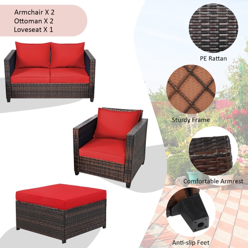 Costway 5PCS Patio Rattan Furniture Set Loveseat Sofa Ottoman Cushioned