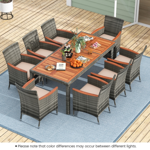Costway 9PCS Patio Rattan Dining Set Acacia Wood Table Cushioned Chair Mix Gray