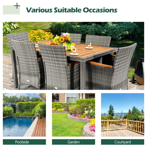 Costway 7PCS Patio Rattan Dining Set Acacia Wood Table Cushioned Chair Mix Gray