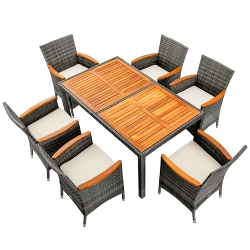 Costway 7PCS Patio Rattan Dining Set Acacia Wood Table Cushioned Chair Mix Gray