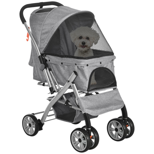 PawHut 4 Wheels Pet Stroller w/ Reversible Handle, Foldable Dog Cat Travel Carriage w/ EVA Wheels Basket Storage Bag 3-stage Canopy Grey