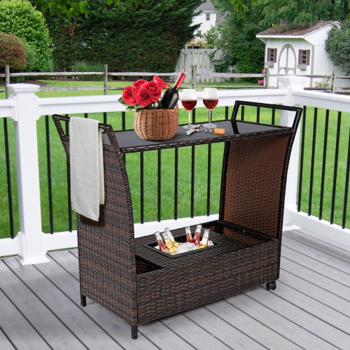 COSTWAY  Patio Rattan Bar Serving Cart Wheels Ice Bucket Glass Top Handle Garden