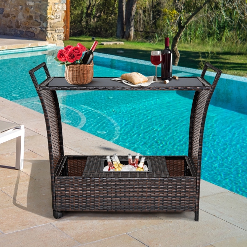 Costway Patio Rattan Bar Serving Cart Wheels Ice Bucket Glass Top Handle Garden