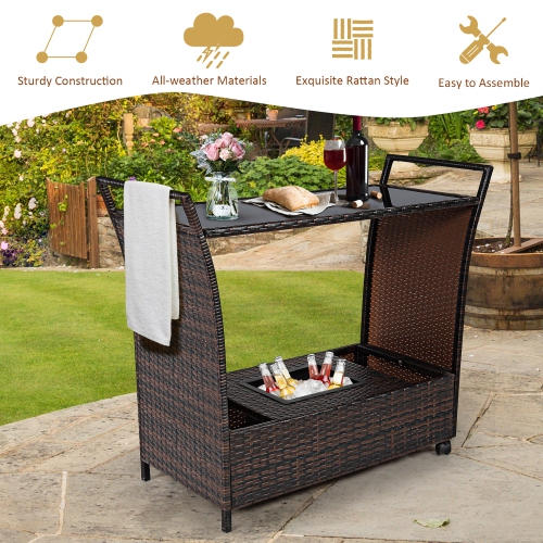 Costway Patio Rattan Bar Serving Cart Wheels Ice Bucket Glass Top Handle Garden