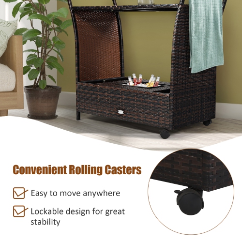 Costway Patio Rattan Bar Serving Cart Wheels Ice Bucket Glass Top Handle Garden