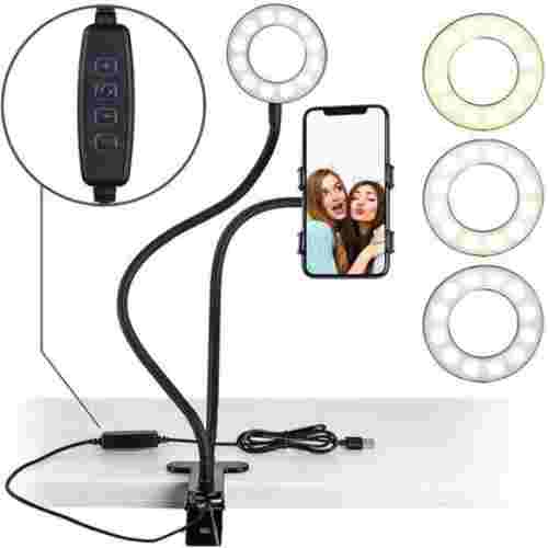 IMGadgets Desk Clip USB Ring Light | Lazy Bracket Cell Phone Holder, Selfie Ring Light for Live Stream, Flexible Long Arms Gooseneck Mount, Clamp