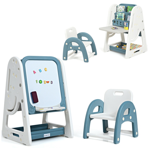 Gymax 2 in 1 Kids Easel Desk Chair Set Book Rack Adjustable Art Painting Board Blue/Gray