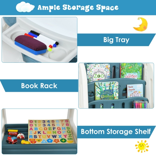 Gymax 2 in 1 Kids Easel Desk Chair Set Book Rack Adjustable Art Painting Board Blue/Gray