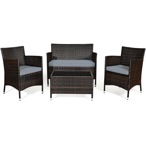 Gymax 4PCS Patio Rattan Conversation Furniture Set Outdoor w/ Cushion