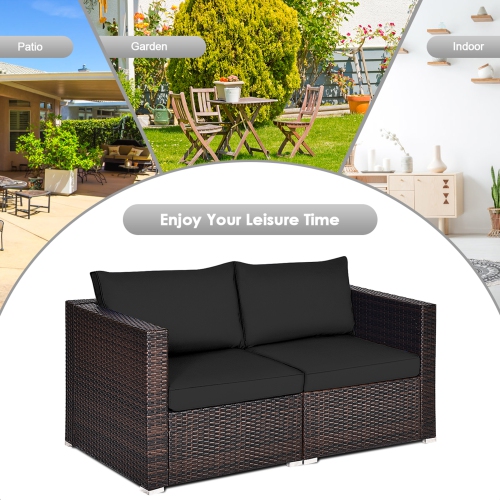 Gymax 2PCS Rattan Corner Sofa Set Patio Outdoor Furniture Set w/ 4 Black Cushions