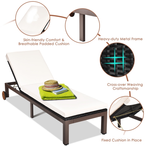 Gymax Patio Adjustable Rattan Recliner Chaise Lounge Chair w/ Cushion Wheels