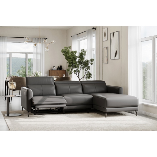 Valencia Andria Modern Right Hand Facing Chaise Top Grain Leather Reclining Sectional Sofa, Adjustable Headrest, Grey