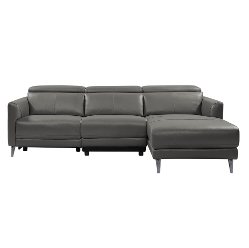 Valencia Andria Modern Right Hand Facing Chaise Top Grain Leather Reclining Sectional Sofa, Adjustable Headrest, Grey