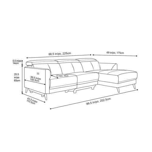 Valencia Andria Modern Right Hand Facing Chaise Top Grain Leather Reclining Sectional Sofa, Adjustable Headrest, Grey