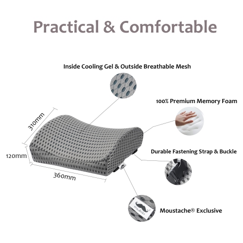 Cool Gel Memory Foam Lumbar Support Pillow, Black(310 x 360 x 120mm) used for Car Seat, Chair, Home, Seat - Moustache®-Gray