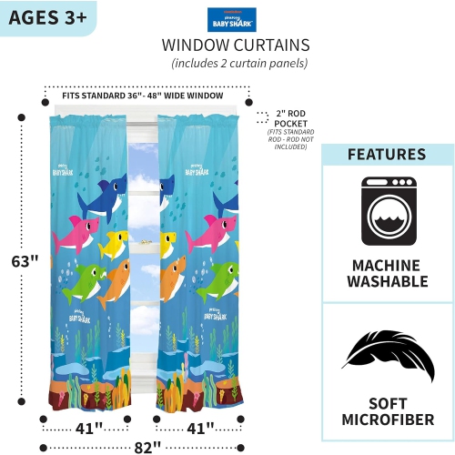 Baby Shark Kids Room Window Drapes Curtains, Set of 2