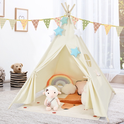 Gymax Portable Kids Play Tent Indian Canvas Teepee Playhouse Toy Gift w/ Window