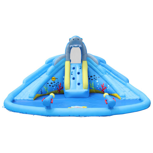 Happy Hop Inflatable Shark Pool with Water Gun Blasters & Slide