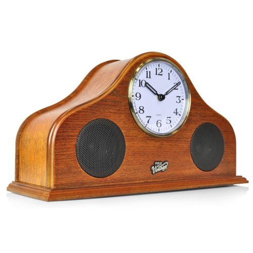 Pyle Tabletop Vintage Clock Speaker System, Quartz, Bluetooth, Handcrafted Birch Wood - Brown