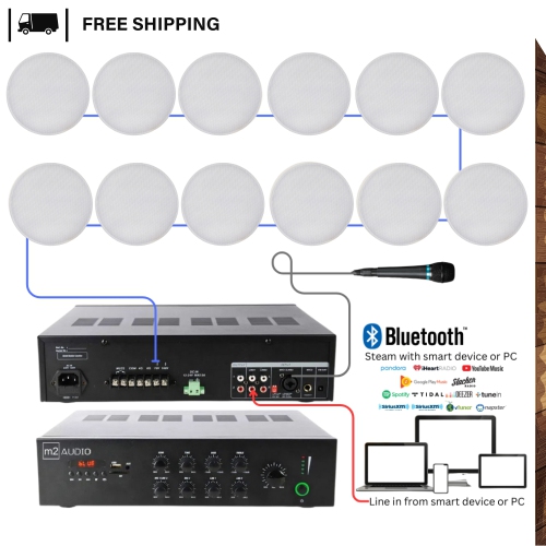 TEXONIC  Commercial 70V Audio System | 12 In-Ceiling Speakers & 120W Mixer Amplifier Built In Fm Radio Bluetooth & Mp3 | Background Music