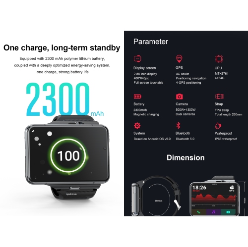 ISPEKTRUM iS999 Android Smartwatch, 2.8” Screen Dual Camera 4GB+64GB,2300 mAh Battery Waterproof 4G/LTE Call GPS WiFi, Sports Mode Fitness Tracker