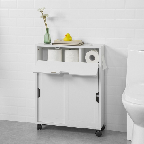 SoBuy BZR31-W Bathroom Cabinet Storage Shelf on Wheels,Toilet Paper&Toilet Brush Holder Cabinet