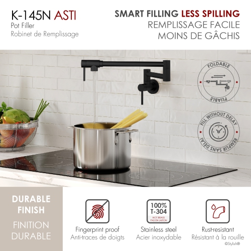 Asti Two Handles Wall Mount with Single Hole Matte Black Pot Filler K-145N