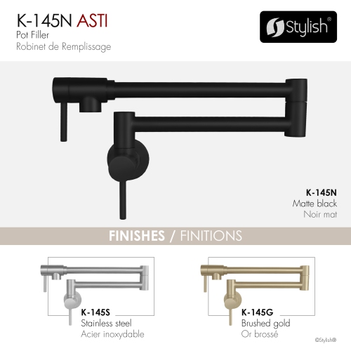 Asti Two Handles Wall Mount with Single Hole Matte Black Pot Filler K-145N