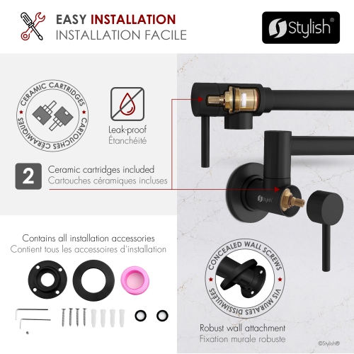 Asti Two Handles Wall Mount with Single Hole Matte Black Pot Filler K-145N