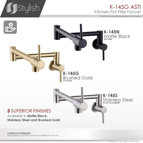 Asti Two Handles Wall Mount with Single Hole Brushed Gold Pot Filler k-145G