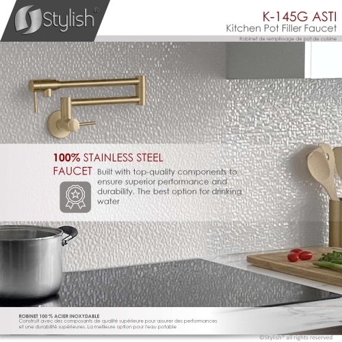 Asti Two Handles Wall Mount with Single Hole Brushed Gold Pot Filler k-145G