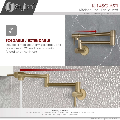 Asti Two Handles Wall Mount with Single Hole Brushed Gold Pot Filler k-145G