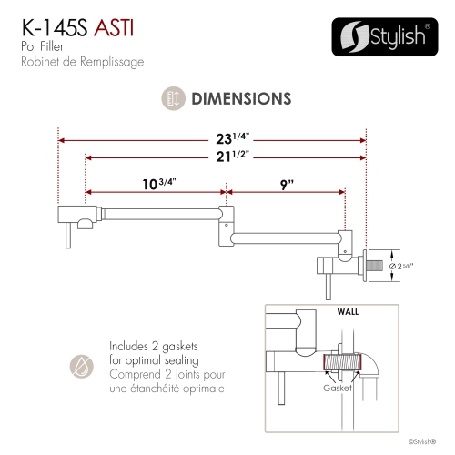 Asti Two Handles Wall Mount with Single Hole Stainless Steel Pot Filler k-145S